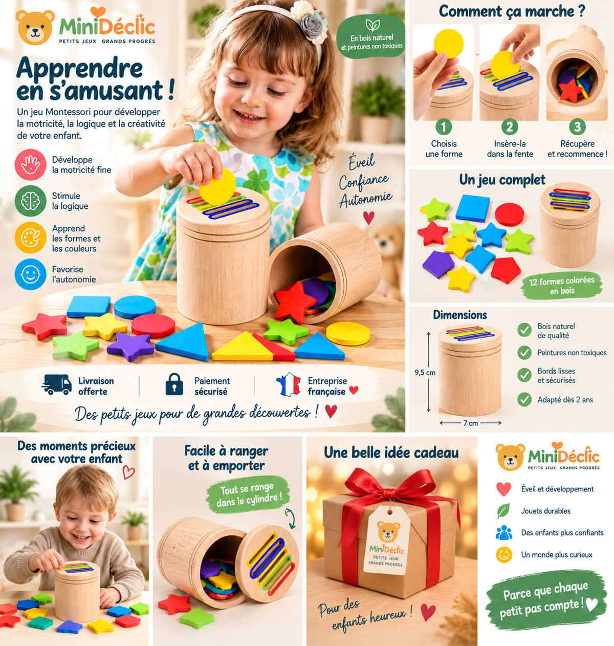 Jeu Montessori en bois MiniDéclic : fonctionnement, formes, dimensions et bénéfices