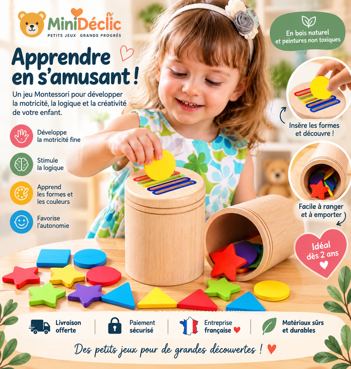 Jeu d’éveil Montessori en bois MiniDéclic pour développer la motricité fine et la logique