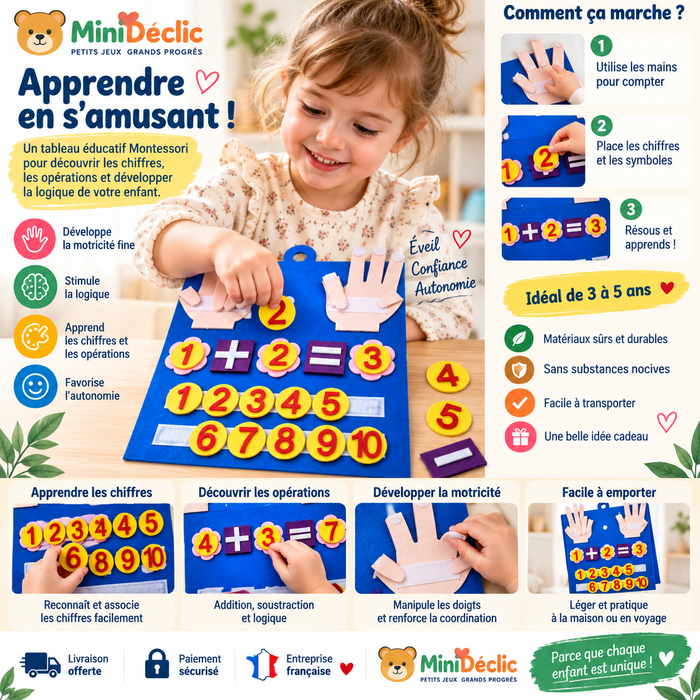 Tableau magique des chiffres Montessori MiniDéclic pour apprendre les nombres de 3 à 6 ans