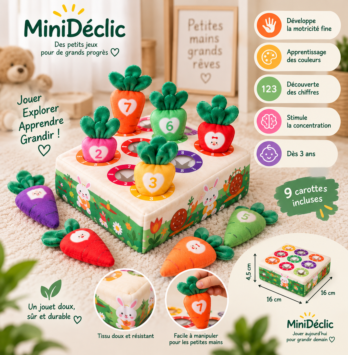 Jeu de carottes Montessori en tissu activité éducative