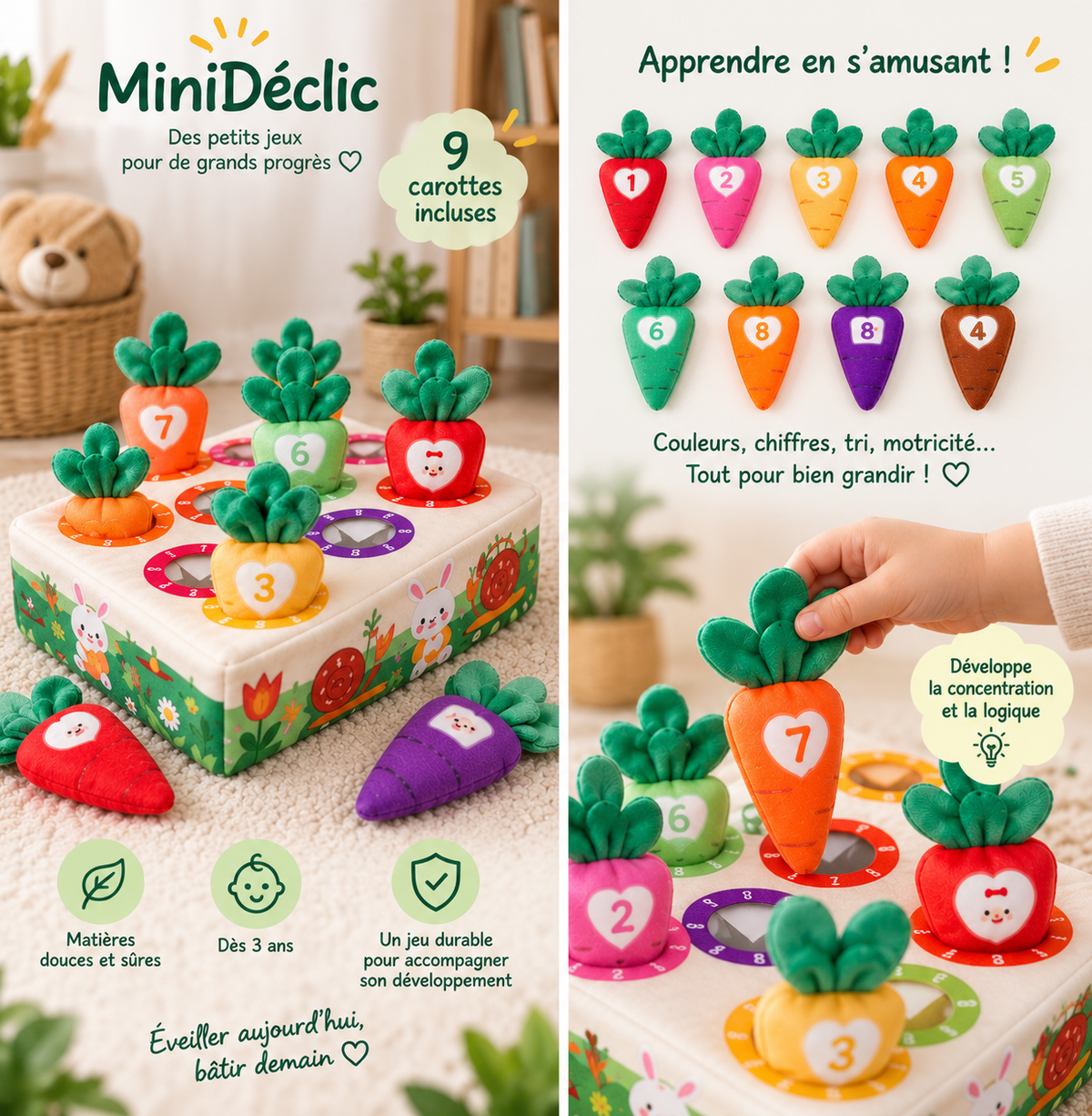 Jeu de récolte des carottes Montessori tri couleurs et comptage